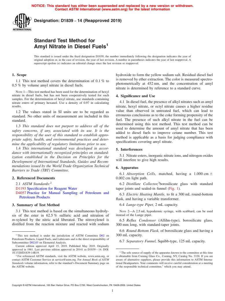 ASTM D1839-14(2019) - Standard Test Method for  Amyl Nitrate in Diesel Fuels (Withdrawn 2019)