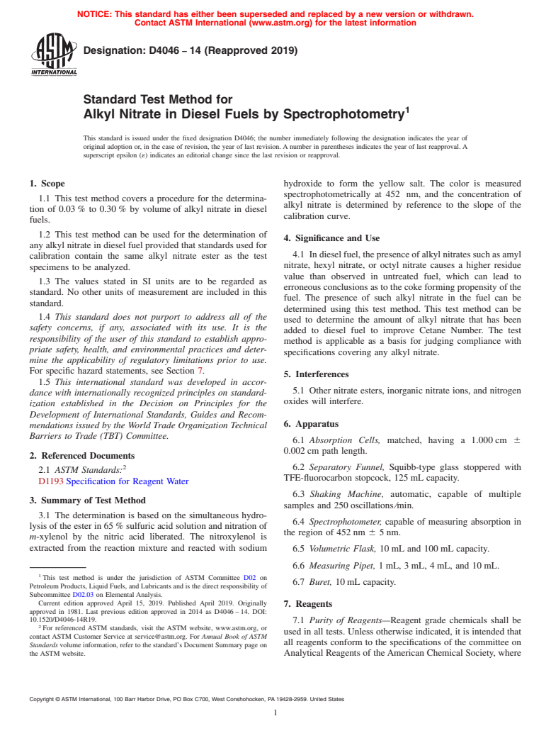 ASTM D4046-14(2019) - Standard Test Method for Alkyl Nitrate in Diesel Fuels by Spectrophotometry (Withdrawn 2019)