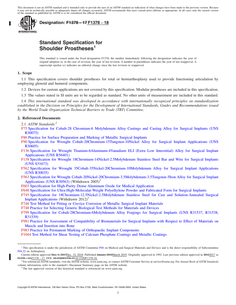 REDLINE ASTM F1378-18 - Standard Specification for  Shoulder Prostheses