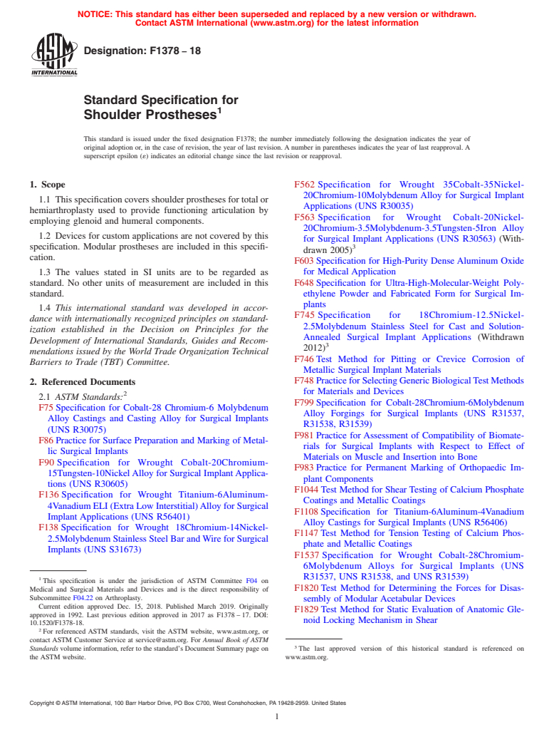 ASTM F1378-18 - Standard Specification for  Shoulder Prostheses