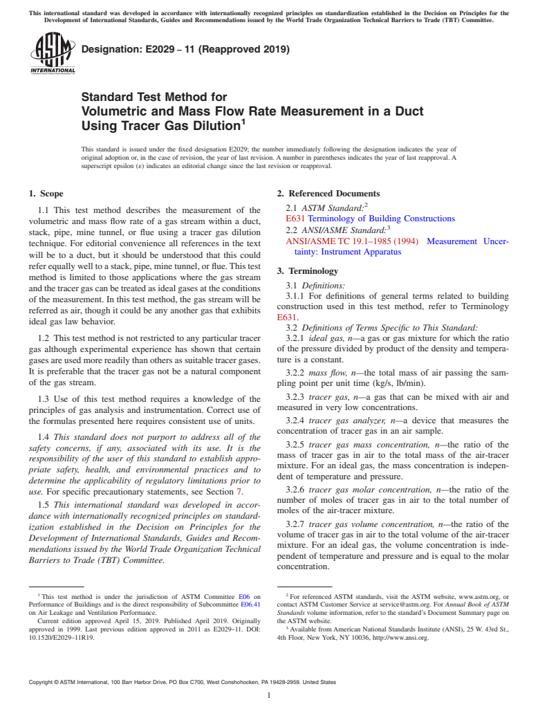 ASTM E2029-11(2019) - Standard Test Method for Volumetric and Mass Flow Rate Measurement in a Duct Using Tracer  Gas Dilution