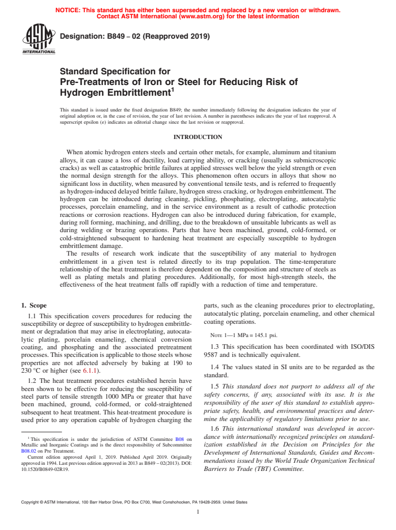 ASTM B849-02(2019) - Standard Specification for Pre-Treatments of Iron or Steel for Reducing Risk of Hydrogen   Embrittlement