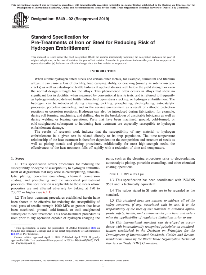 ASTM B849-02(2019) - Standard Specification for Pre-Treatments of Iron or Steel for Reducing Risk of Hydrogen   Embrittlement