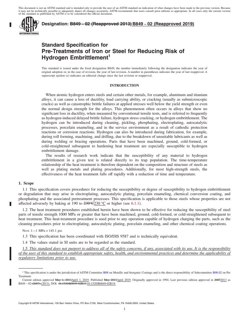 REDLINE ASTM B849-02(2019) - Standard Specification for Pre-Treatments of Iron or Steel for Reducing Risk of Hydrogen   Embrittlement