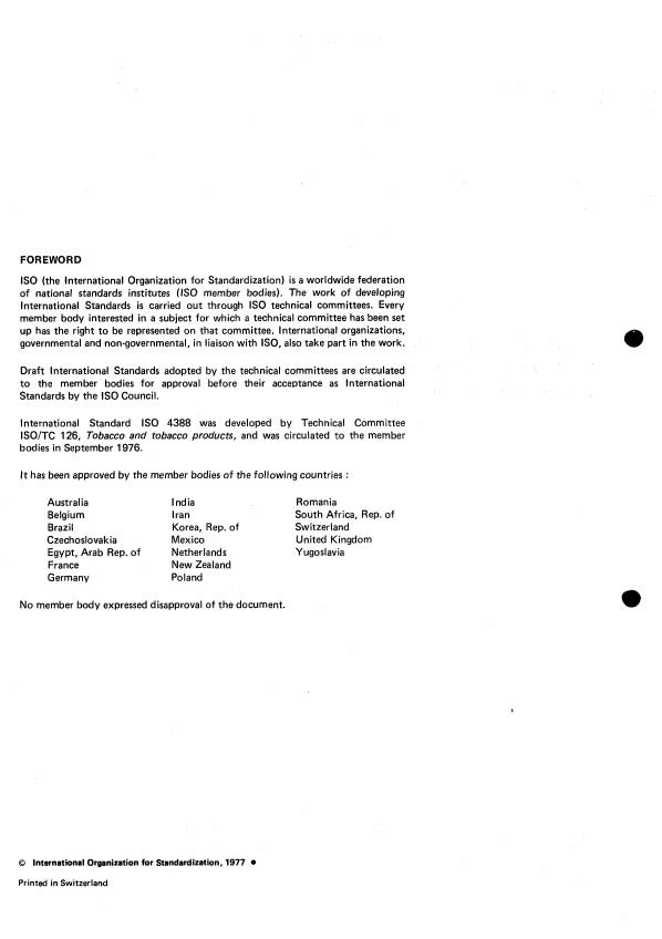 ISO 4388:1977 ISO 4388:1977 - Tobacco and tobacco products -- Determination of retention of coloured part of smoke condensate by cigarette filters -- Direct spectrophotometric method - Page 2 preview