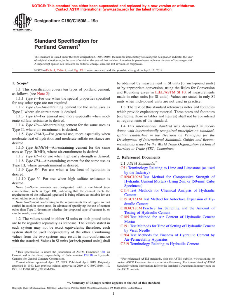 ASTM C150/C150M-19a - Standard Specification for Portland Cement