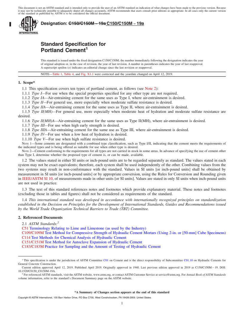 REDLINE ASTM C150/C150M-19a - Standard Specification for Portland Cement