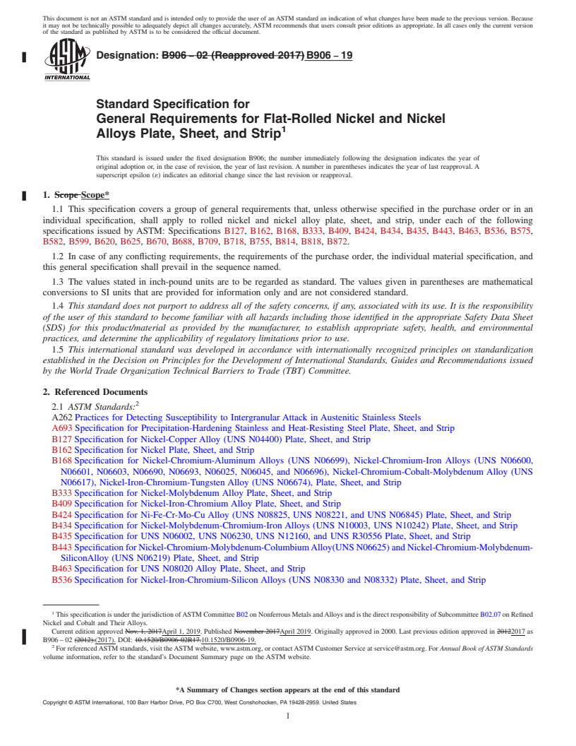 REDLINE ASTM B906-19 - Standard Specification for General Requirements for Flat-Rolled Nickel and Nickel Alloys  Plate, Sheet, and Strip