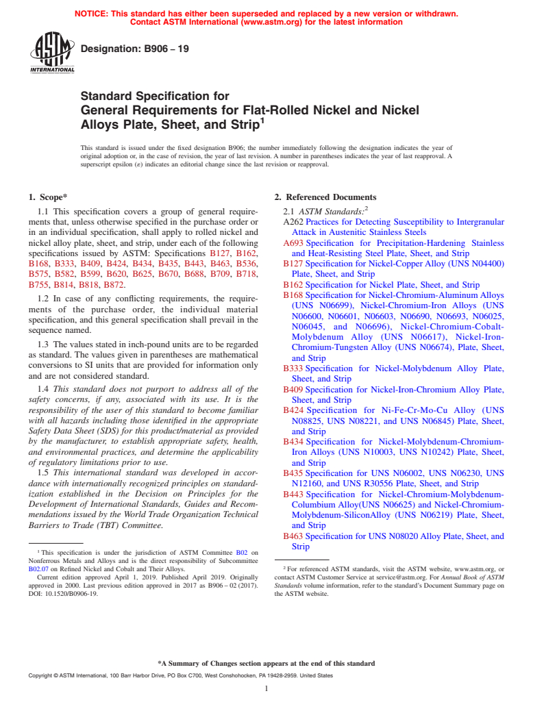 ASTM B906-19 - Standard Specification for General Requirements for Flat-Rolled Nickel and Nickel Alloys  Plate, Sheet, and Strip