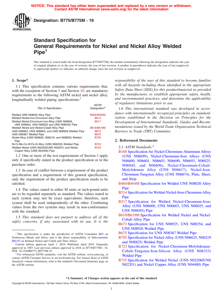ASTM B775/B775M-19 - Standard Specification for General Requirements for Nickel and Nickel Alloy Welded Pipe