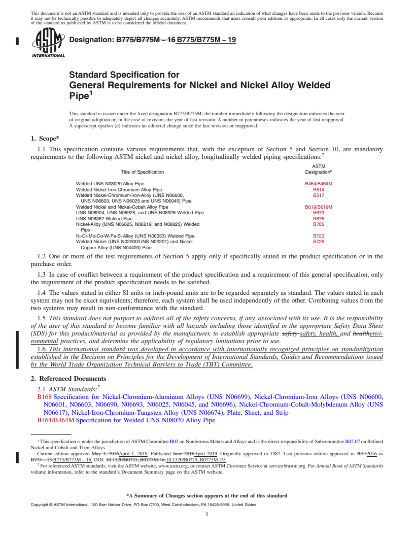 REDLINE ASTM B775/B775M-19 - Standard Specification for General Requirements for Nickel and Nickel Alloy Welded Pipe