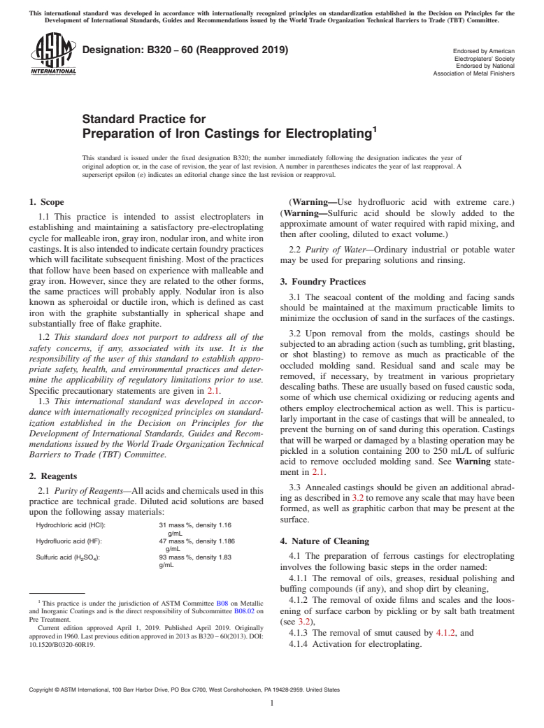 ASTM B320-60(2019) - Standard Practice for  Preparation of Iron Castings for Electroplating