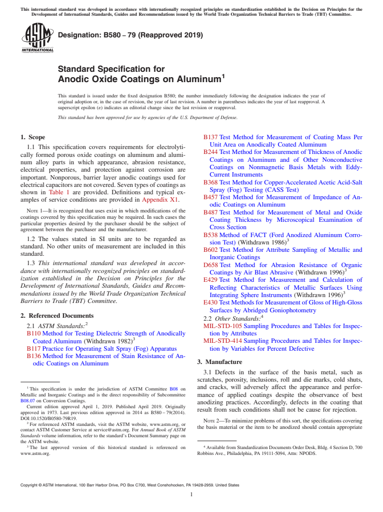 ASTM B580-79(2019) - Standard Specification for  Anodic Oxide Coatings on Aluminum