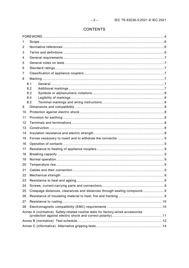 IEC TS 63236-3:2021 IEC TS 63236-3:2021 - Direct current (DC) appliance couplers for information and communication technology (ICT) equipment installed in data centres and telecom central offices - Part 3: AC/DC appliance inlet - Page 4 preview