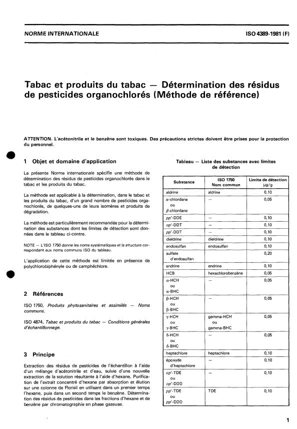 ISO 4389:1981 - Tabac et produits du tabac -- Détermination des résidus de pesticides organochlorés (Méthode de référence)