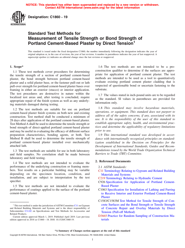 ASTM C1860-19 - Standard Test Methods for Measurement of Tensile Strength or Bond Strength of Portland  Cement-Based Plaster by Direct Tension