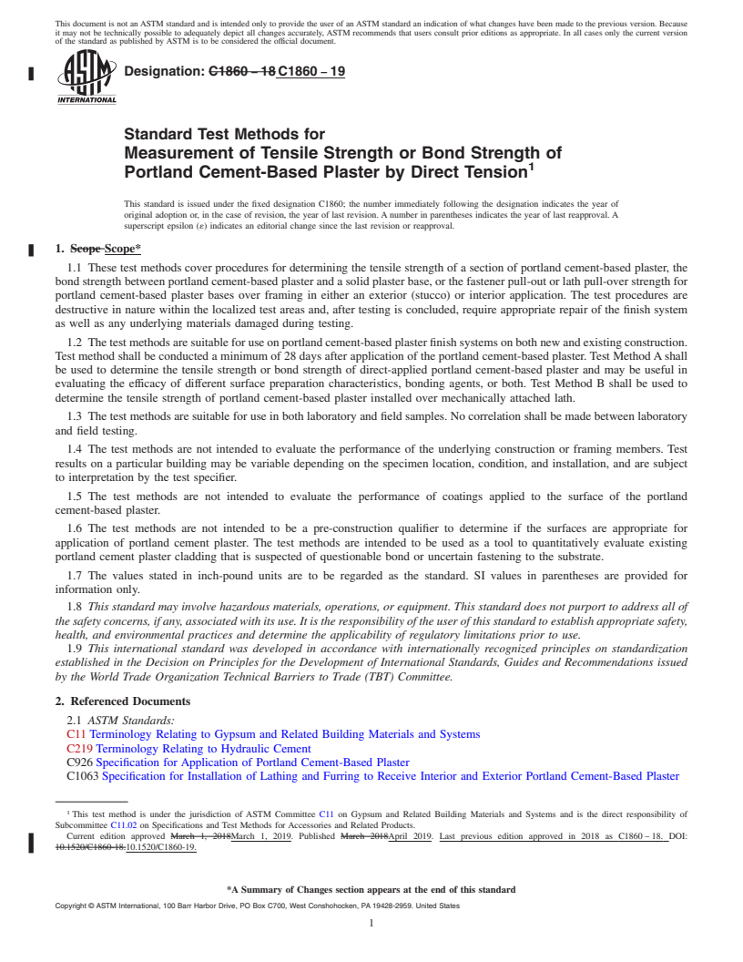 REDLINE ASTM C1860-19 - Standard Test Methods for Measurement of Tensile Strength or Bond Strength of Portland  Cement-Based Plaster by Direct Tension