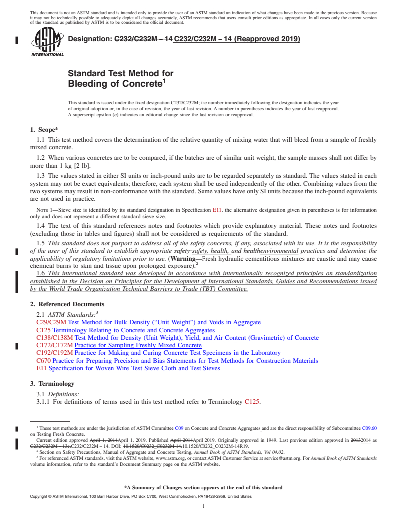 REDLINE ASTM C232/C232M-14(2019) - Standard Test Method for  Bleeding of Concrete