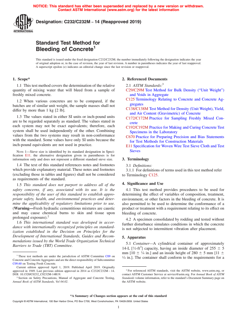 ASTM C232/C232M-14(2019) - Standard Test Method for  Bleeding of Concrete