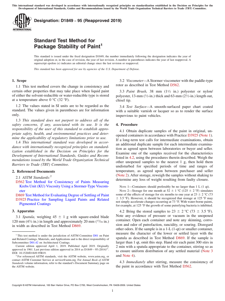 ASTM D1849-95(2019) - Standard Test Method for Package Stability of Paint