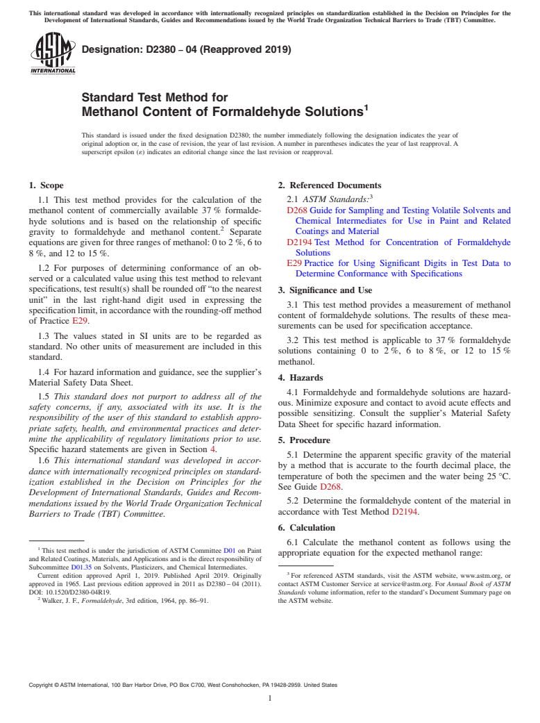 ASTM D2380-04(2019) - Standard Test Method for  Methanol Content of Formaldehyde Solutions