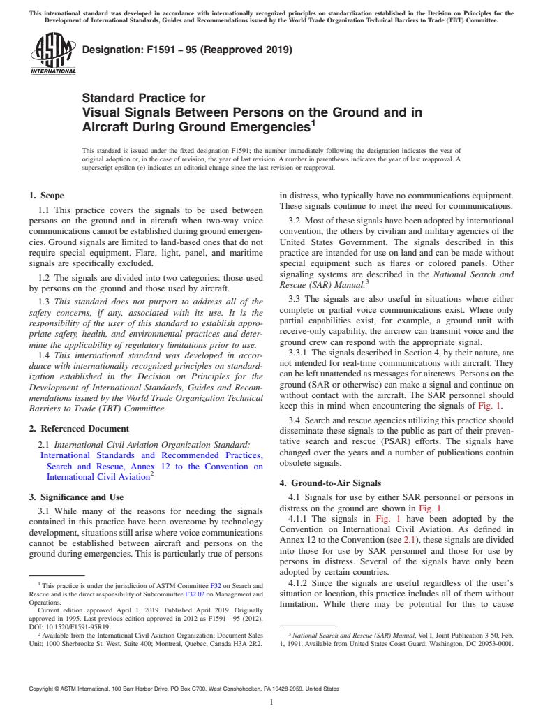 ASTM F1591-95(2019) - Standard Practice for  Visual Signals Between Persons on the Ground and in Aircraft  During Ground Emergencies