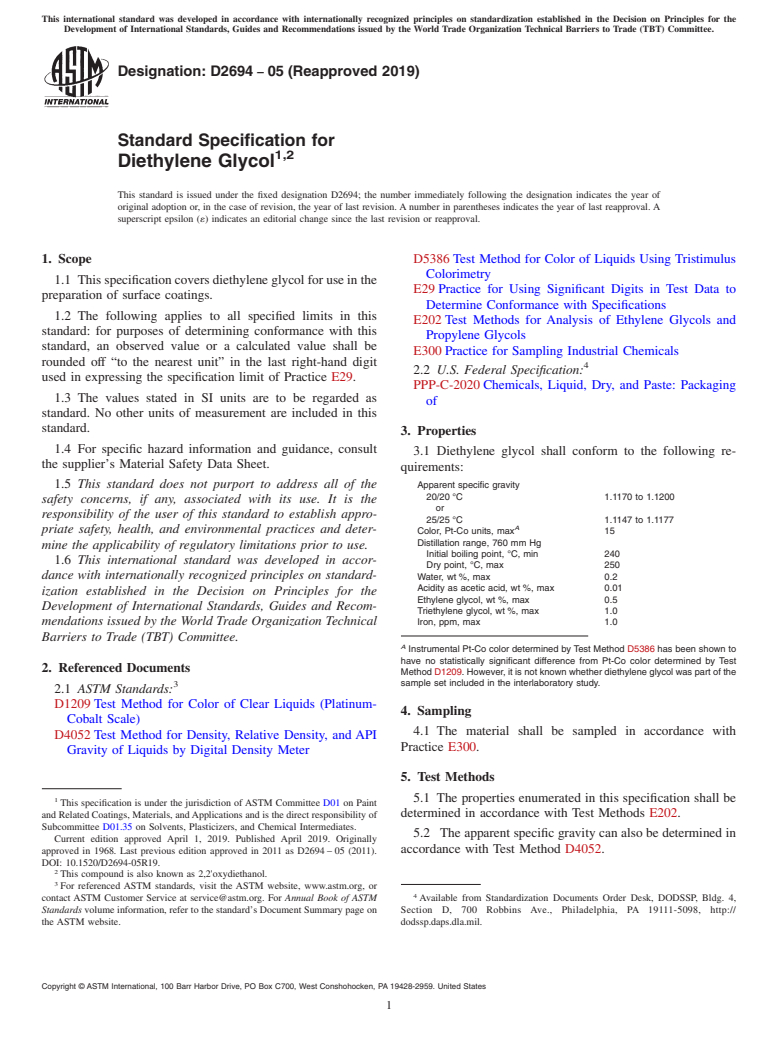 ASTM D2694-05(2019) - Standard Specification for  Diethylene Glycol<sup>,</sup>