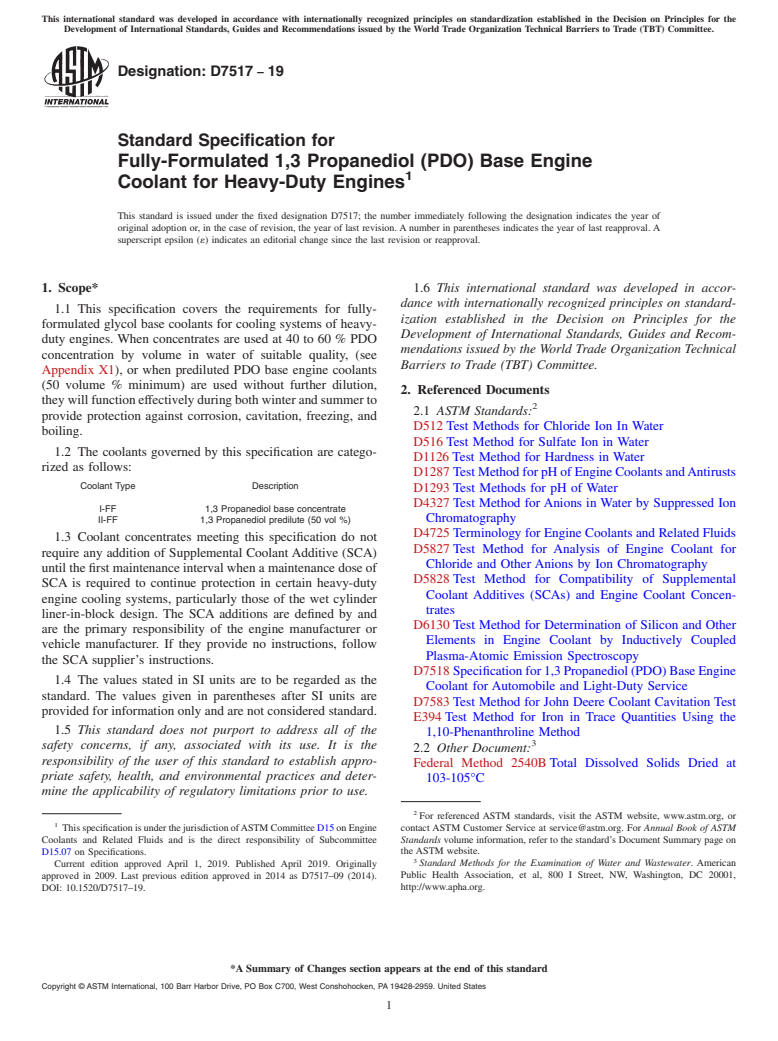 ASTM D7517-19 - Standard Specification for Fully-Formulated 1,3 Propanediol (PDO) Base Engine Coolant  for Heavy-Duty Engines