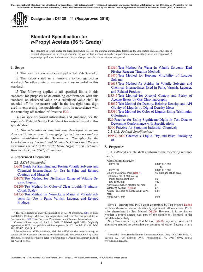 ASTM D3130-11(2019) - Standard Specification for  <emph type="bdit">n</emph>-Propyl Acetate (96&#x2009;% Grade)