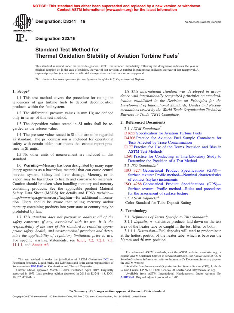 ASTM D3241-19 - Standard Test Method for Thermal Oxidation Stability of Aviation Turbine Fuels