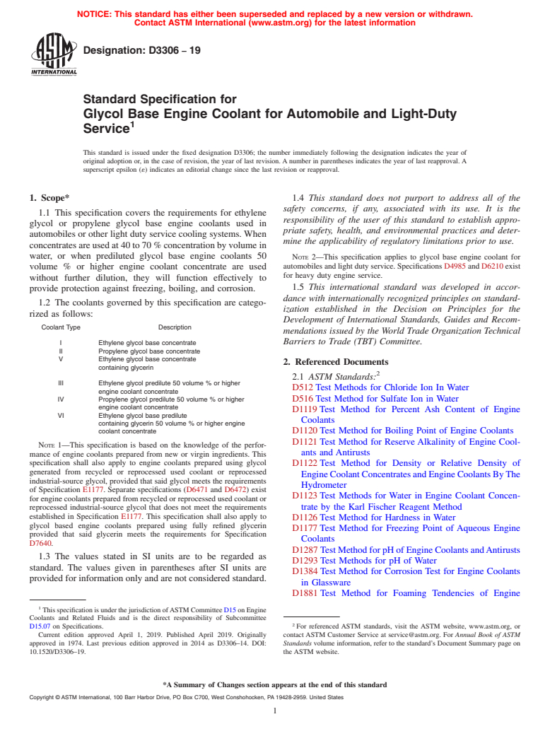 ASTM D3306-19 - Standard Specification for Glycol Base Engine Coolant for Automobile and Light-Duty Service