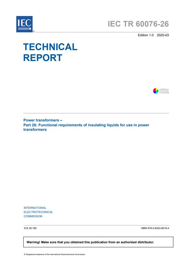 IEC TR 60076-26:2020 - Power transformers - Part 26: Functional requirements of insulating liquids for use in power transformers
