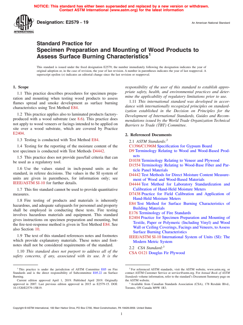 ASTM E2579-19 - Standard Practice for  Specimen Preparation and Mounting of Wood Products to Assess  Surface Burning Characteristics