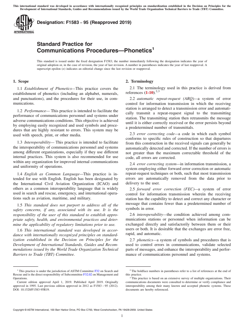 ASTM F1583-95(2019) - Standard Practice for  Communications Procedures&#x2014;Phonetics