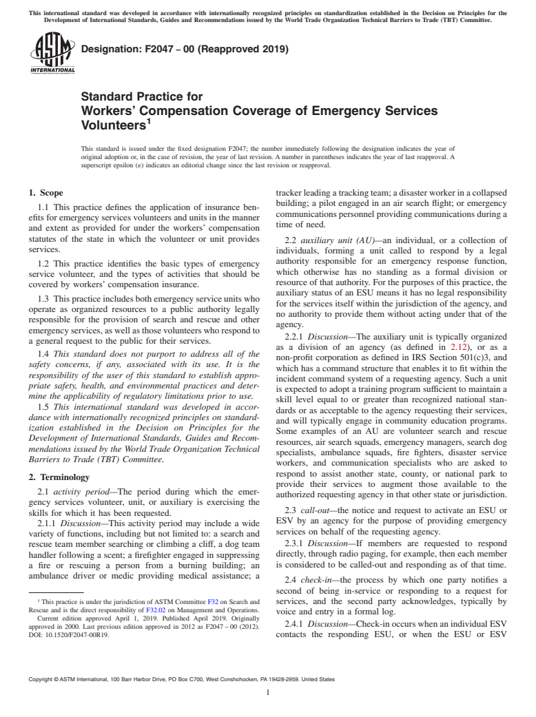 ASTM F2047-00(2019) - Standard Practice for  Workers&#x2019; Compensation Coverage of Emergency Services  Volunteers