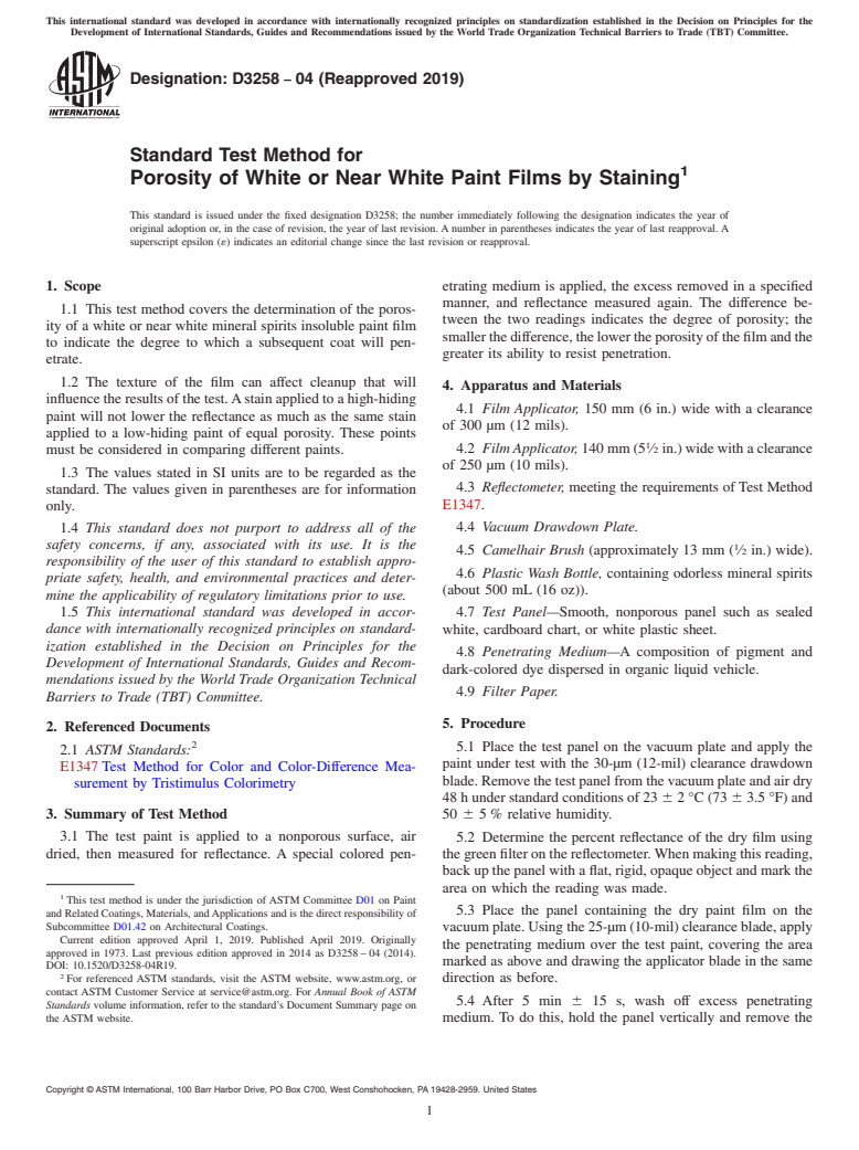 ASTM D3258-04(2019) - Standard Test Method for Porosity of White or Near White Paint Films by Staining