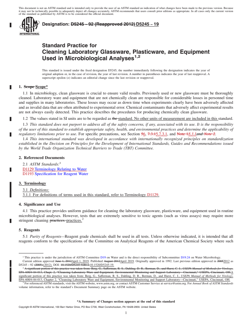 REDLINE ASTM D5245-19 - Standard Practice for  Cleaning Laboratory Glassware, Plasticware, and Equipment Used  in Microbiological Analyses