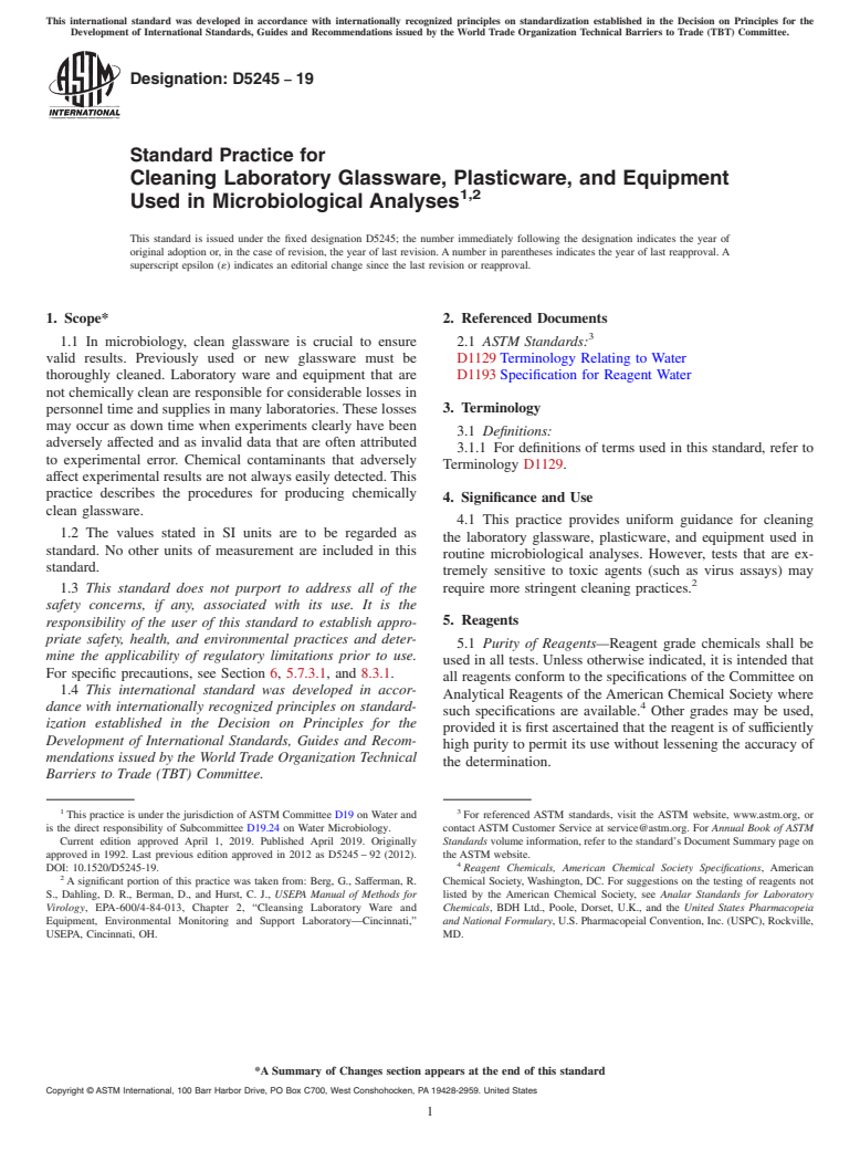 ASTM D5245-19 - Standard Practice for  Cleaning Laboratory Glassware, Plasticware, and Equipment Used  in Microbiological Analyses