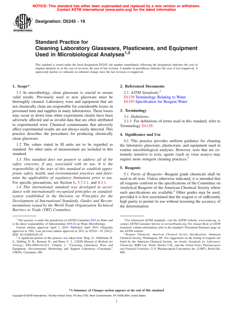 ASTM D5245-19 - Standard Practice for  Cleaning Laboratory Glassware, Plasticware, and Equipment Used  in Microbiological Analyses