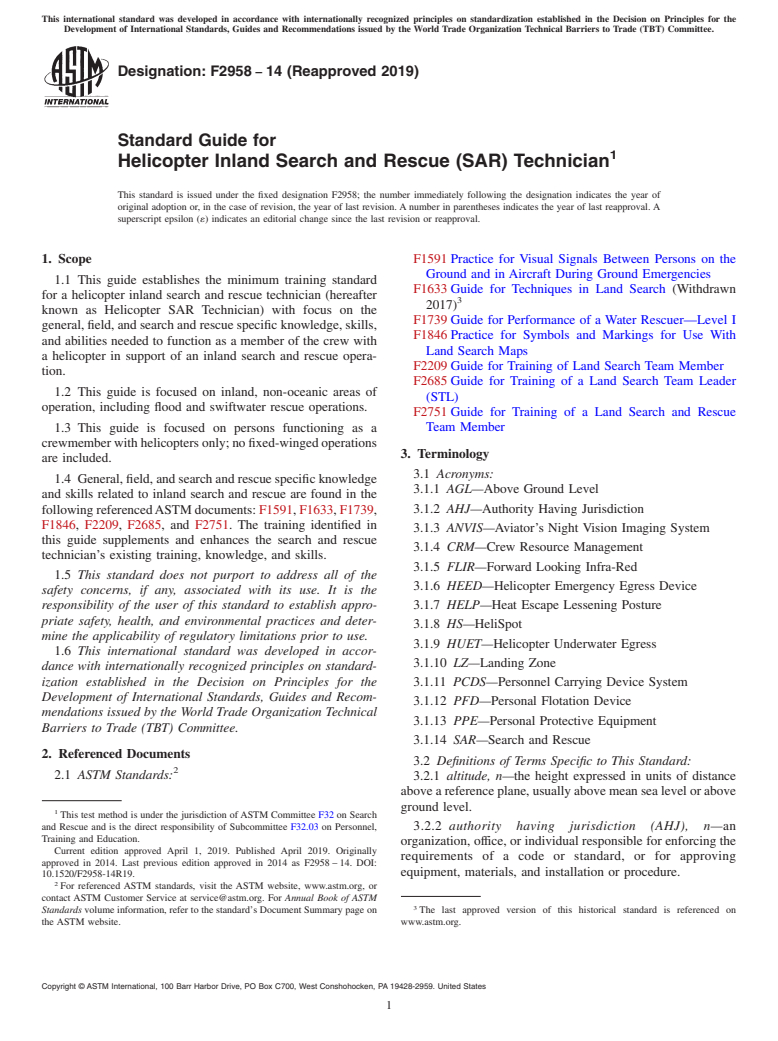 ASTM F2958-14(2019) - Standard Guide for Helicopter Inland Search and Rescue (SAR) Technician