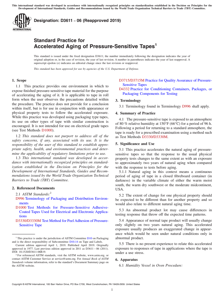 ASTM D3611-06(2019) - Standard Practice for  Accelerated Aging of Pressure-Sensitive Tapes