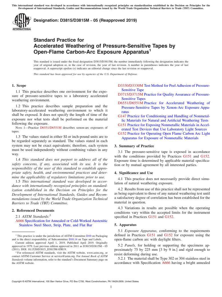 ASTM D3815/D3815M-05(2019) - Standard Practice for  Accelerated Weathering of Pressure-Sensitive Tapes by Open-Flame   Carbon-Arc Exposure Apparatus