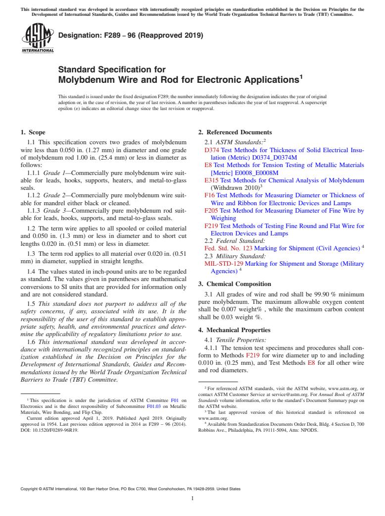 ASTM F289-96(2019) - Standard Specification for  Molybdenum Wire and Rod for Electronic Applications