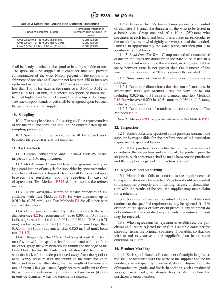 ASTM F289-96(2019) - Standard Specification for  Molybdenum Wire and Rod for Electronic Applications