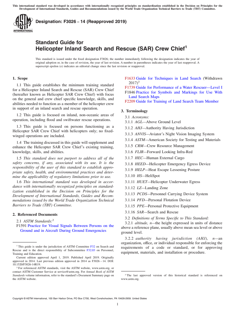 ASTM F3026-14(2019) - Standard Guide for Helicopter Inland Search and Rescue (SAR) Crew Chief