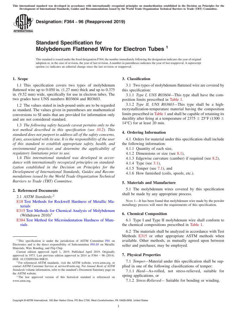 ASTM F364-96(2019) - Standard Specification for  Molybdenum Flattened Wire for Electron Tubes&#x2009;