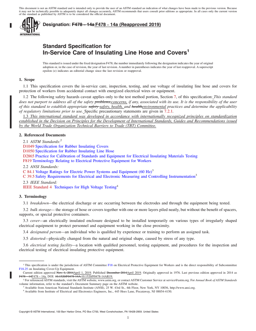 REDLINE ASTM F478-14a(2019) - Standard Specification for  In-Service Care of Insulating Line Hose and Covers