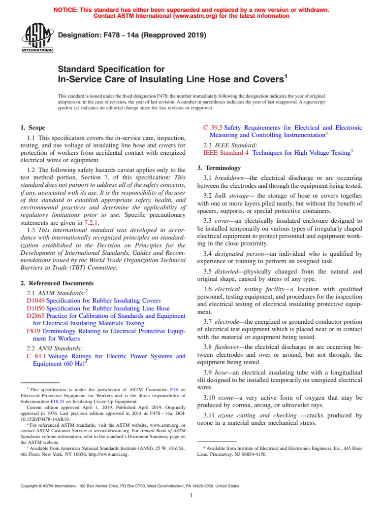 ASTM F478-14a(2019) - Standard Specification for  In-Service Care of Insulating Line Hose and Covers