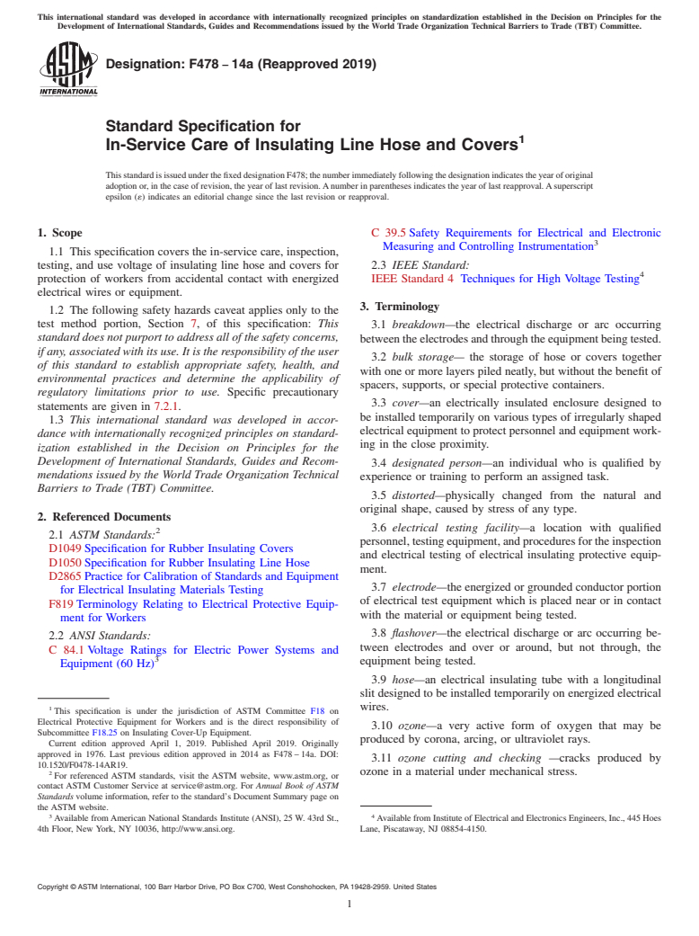 ASTM F478-14a(2019) - Standard Specification for  In-Service Care of Insulating Line Hose and Covers