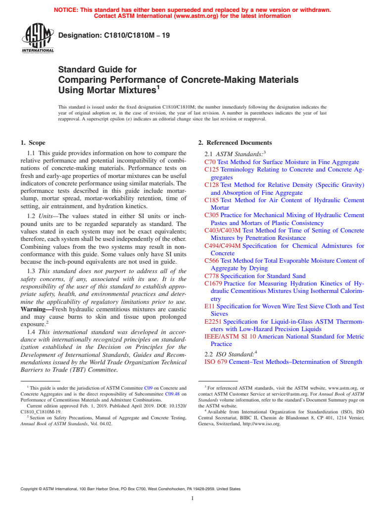 ASTM C1810/C1810M-19 - Standard Guide for Comparing Performance of Concrete-Making Materials Using Mortar  Mixtures